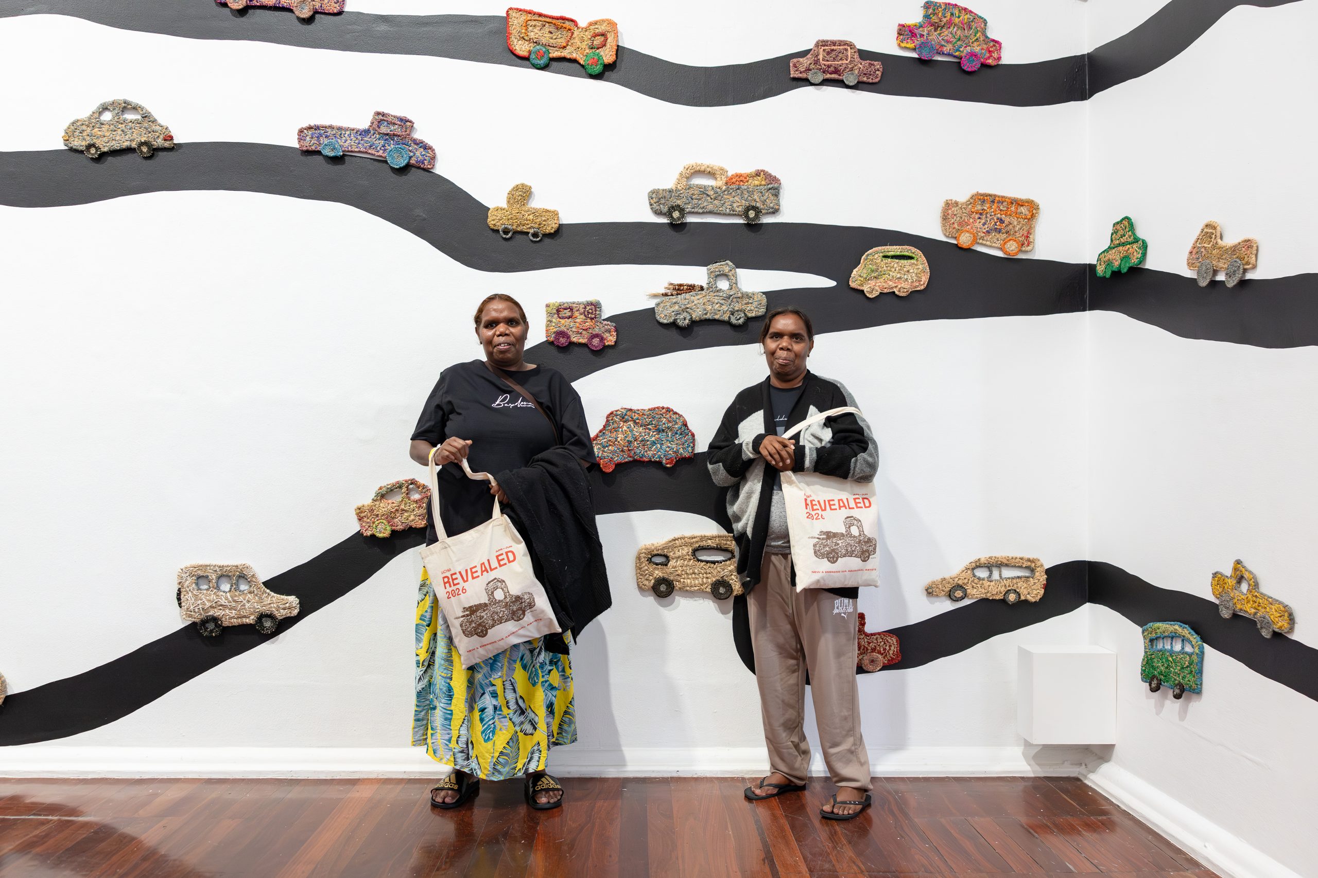 Exhibiting artists Renee Fox and Tanish Fox (Tjanpi Desert Weavers), <em>Revealed: New & Emerging WA Aboriginal Artists</em> exhibition, Perth Institute of Contemporary Arts, Boorloo (Perth), 2026, photo: Jessica Russell